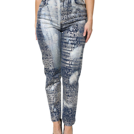 Blue Washed Print High Waist Denim Jeans