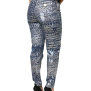 Blue Washed Print High Waist Denim Jeans