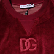 Red Cotton Velvet Crew Neck Pullover Sweater