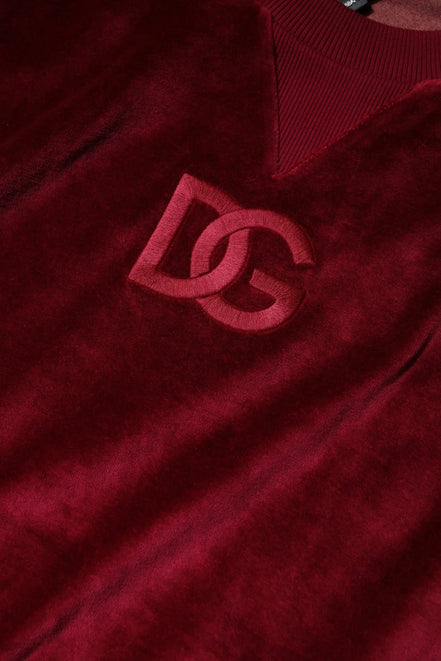 Red Cotton Velvet Crew Neck Pullover Sweater