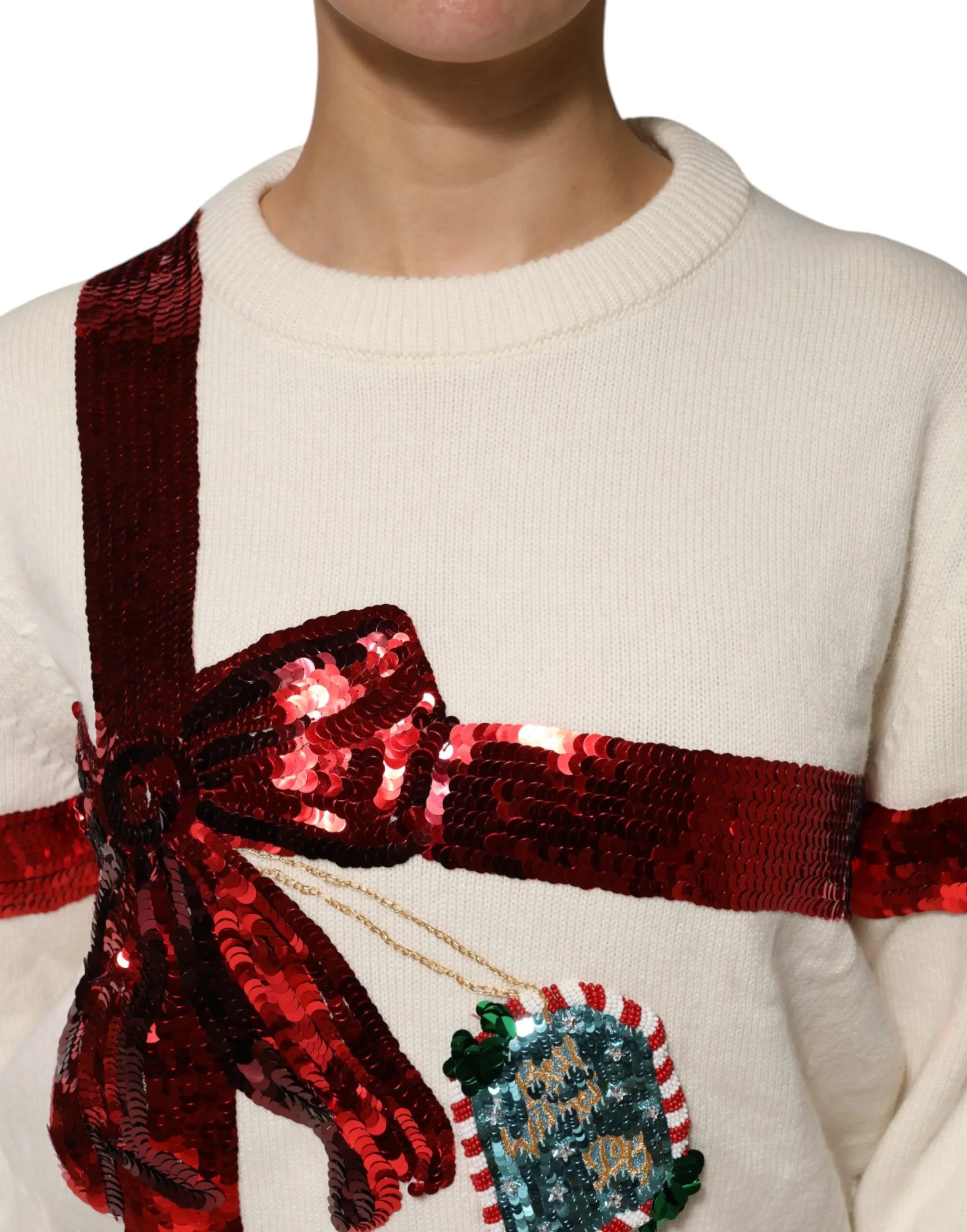 White Sequined Crew Neck Pullover Sweater