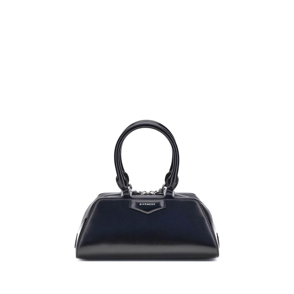 Black calf leather handbag with structured design and elegant silhouette by Givenchy.