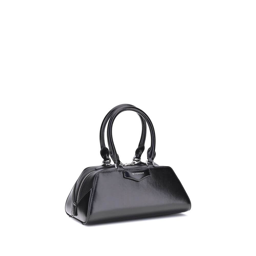 Black calf leather handbag with a structured design by Givenchy, featuring elegant handles and a sleek silhouette.
