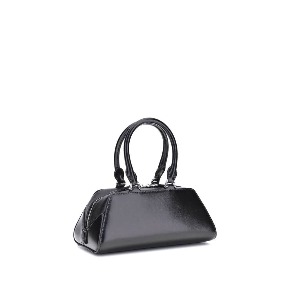 Elegant black calf leather handbag with structured design, perfect for fashion-forward individuals.
