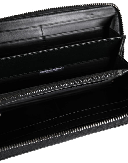 Black Leather Logo Plaque Zip Around Continental Wallet
