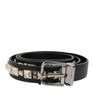 Black Leather Studded Silver-Tone Buckle Belt