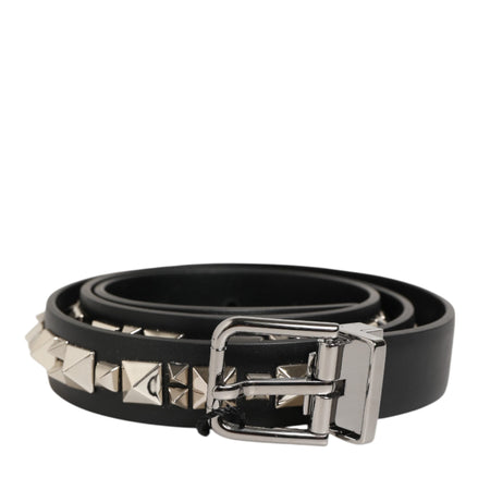 Black Leather Studded Silver-Tone Buckle Belt